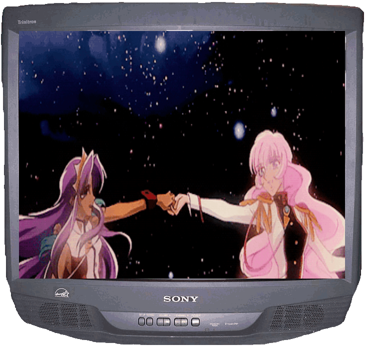 gif of Revolutionary Girl Utena's Anthy and Utena dancing in space